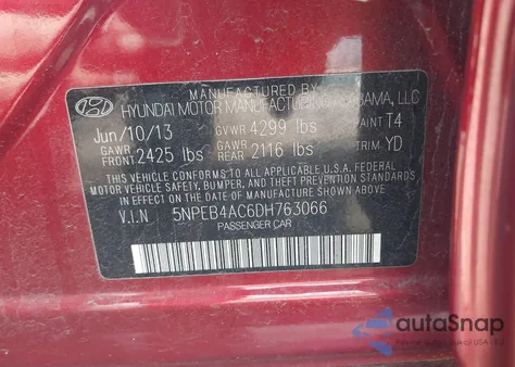 2013 Hyundai Sonata Gls z USA, uszkodzony, nr VIN 5NPEB4AC6DH763066